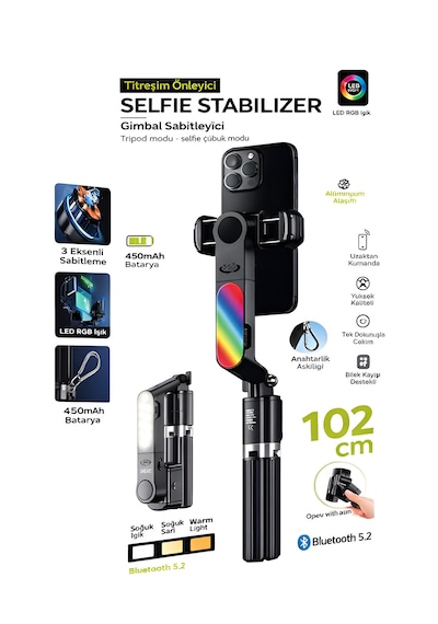 450 Mah Rgb Led Işıklı 102 Cm Titreşim Önleyici Gimbal Tripod Selfie Çubuğu Bluetooth Kumandalı