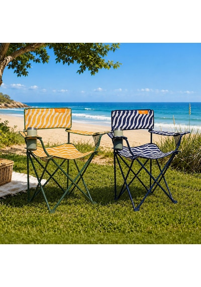 Living Zebra Desen 2'li Kamp Sandalyesi - Sarı / Lacivert - 50x50x78 Cm Çok Renkli