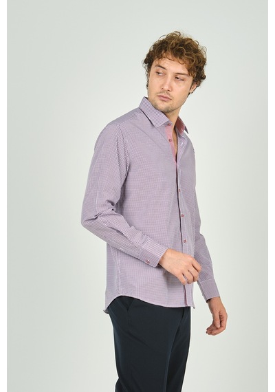 De Leone Erkek Slim Fit Ekoseli Uzun Kollu %100 Pamuk Gömlek 2060 Bordo Bordo