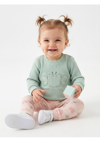 HelloBaby Pamuklu Kelebek Detaylı Taytlı 2li Kız Bebek Takım Yeşil Yesil