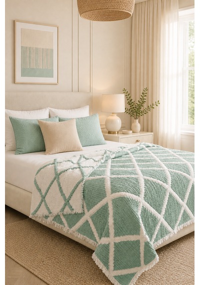 Premium Geometrik Kare Desenli %100 Pamuk Müslin Çift Taraflı Yatak Örtüsü Pike 220x240 Çift Kişilik Mint Yeşili