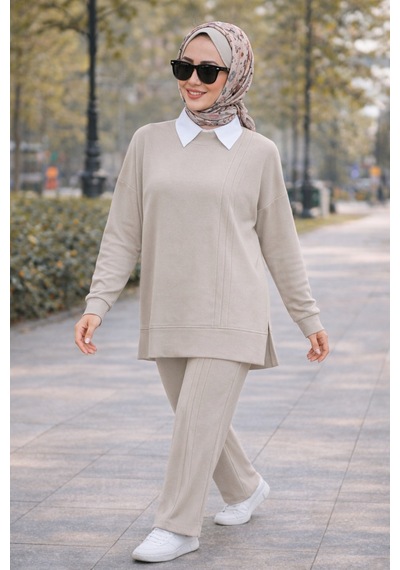 Esra Butik78 Mürdüm Siyah Taş Çimalı Tesettür İkili Takım Tunik Pantolon Şık Rahat Ekru