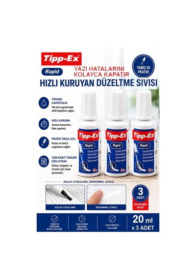 Sıvı Silici Daksil 3 Adet Tipp-ex 20 Ml Fırçalı Sıvı Düzeltici Daksil Yazı Düzeltici Okul Ofis Büro Fırça Uçlu Daksil