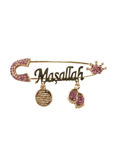 Unisex Pembe Taşlı Gold Maşallah Yazılı Bebek Yaka İğnesi Çok Renkli
