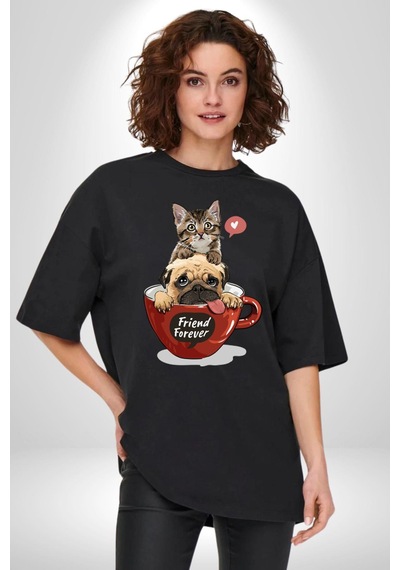 Kedi Ve Köpek Sonsuzadek Arkadaşız Pamuklu Bisiklet Yaka Unisex Oversize Boyfriend Dijital Baskılı Siyah T-shirt Siyah