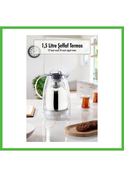 Vaveni 1.5 Lt Isı Yalıtımlı Çay Ve Soğuk Su Termosu Şeffaf 12 Saat Sıcak Tutar& İçi Camdır Arz