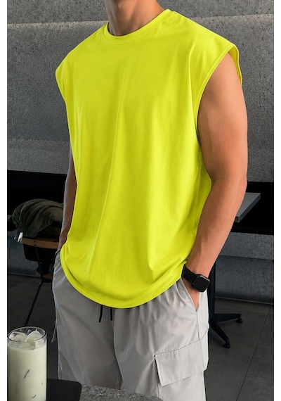 Tarz Cool Erkek Oversize Kolsuz Tişört %100 Pamuk Süprem Basic Bisiklet Yaka Fıstık Yeşili