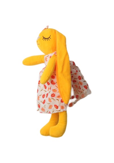 İthal Kumaş Uzun Kulaklı Renkli Kıyafetli Sevimli Tavşan Peluş Oyuncak Uyku & Oyun Arkadaşı 30 Cm. Sarı