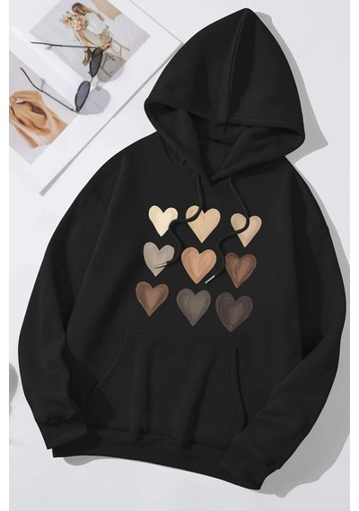 Uyguntarz Unisex Oversize Kalp Baskılı Sweatshirt siyah