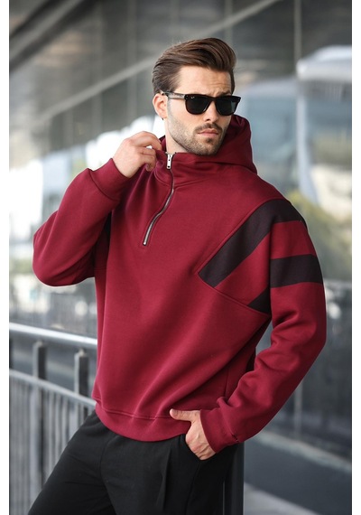 Madmext Bordo Fermuarlı Yaka Kapüşonlu Erkek Sweatshirt E7161 Bordo