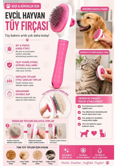 Jasper Otomatik Evcil Hayvan Tüy Toplama Tarağı Pratik Tuşlu Pet Fırçası Kedi Köpek Tüy Tarama Fırça