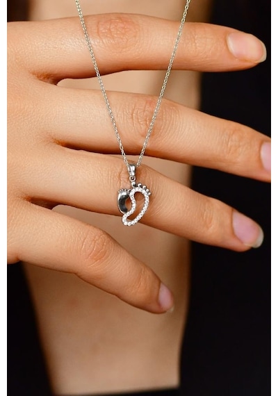 Roza Silver Zirkon Taşlı Rodyum Anne Bebek Ayak İzi Gümüş Kolye