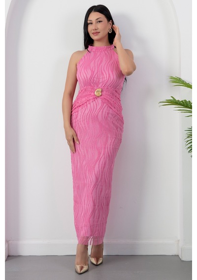 Kalopya Halter Yaka Beli Tokalı Bağlamalı Elbise Grs4023 Pembe