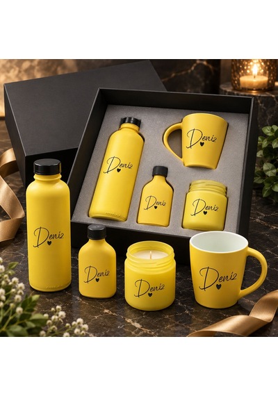 Bk Gift Kişiye Özel İsimli Sarı Cam Suluk & Kupa & Kolonya & Mum - Hediye Kutulu Sarı Hediye Seti-5
