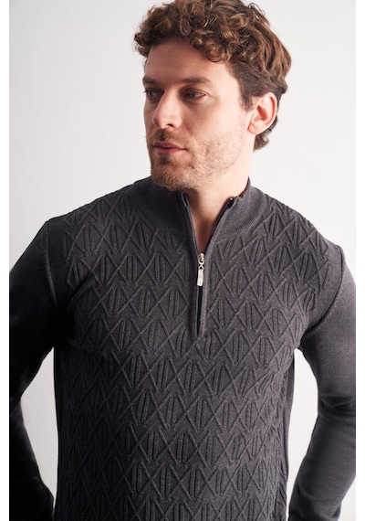 İmza Koyu Antrasit Dik Yaka Uzun Kol Cepsiz Slim Fit Casual Pamuklu Triko Kazak 1012255108 Antrasit