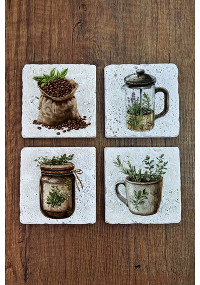 Doğal Taş Bardak Altlığı -kahve Temalı 10x10cm - Stone Coasters Çok Renkli