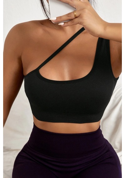 Moda Dua Kadın Siyah Tek Omuzlu Çapraz Askılı Crop Top Büstiyer