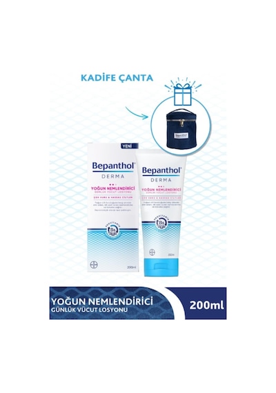 Bepanthol Derma Çok Kuru ve Hassas Ciltler İçin Yoğun Nemlendirici Günlük Vücut Losyonu 200 ML + Kadife Çanta