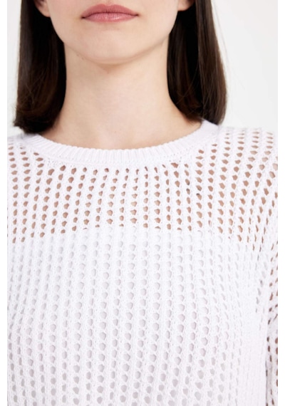 Defacto Regular Fit Bisiklet Yaka Kroşe Ajurlu Delikli Crop Triko Kazak T4513AZ24AUER103 Ekru