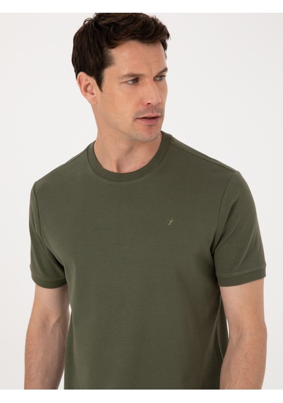 Haki Regular Fit %100 Pamuk Bisiklet Yaka Basic T-shirt Yeşil