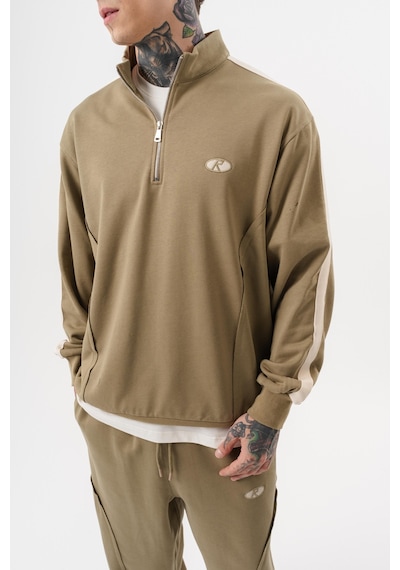 Respire Erkek Pis Dikiş Detaylı Yarım Fermuarlı Diagonel Sweatshirt Haki