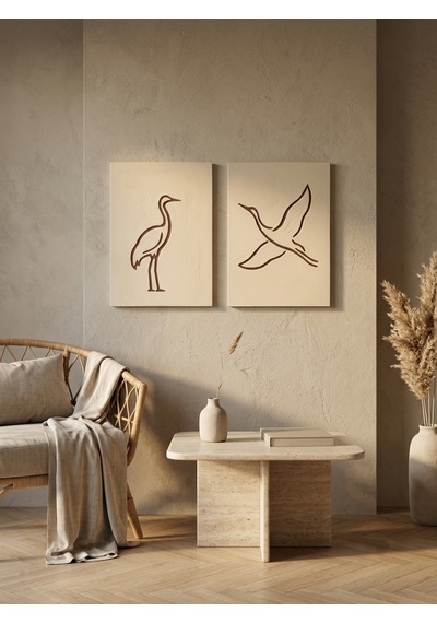 Zen Serenity 2'li Duvar Sanatı Seti - Minimalist Japandi Tarzı El Yapımı Kazıma Çizgisel Turna Tablo Seti