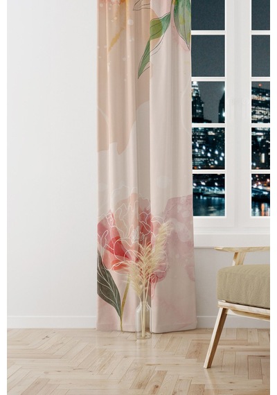 Flower Art Desenli Süet Oturma Odası Salon Fon Perde Baskılı Ekstrafor Büzgü Tek Kanat Prd-1030 Çok Renkli