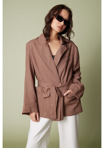 Keten Karışımlı Kuşaklı Blazer Ceket Çikolata