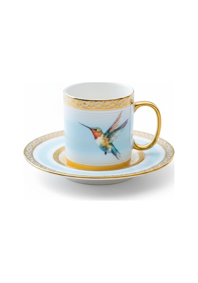 Stork Mavi Gold Renk Kuş Figürlü 6 Kişilik Porselen Kahve Fincan Takımı - 90 Ml. Mavi - Beyaz