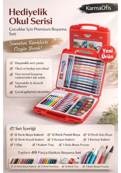 Hediyelik Okul Serisi 49 Parça Boyama Seti Çantalı Sulu Boya, Pastel, Keçeli Ve Kuru Boya Seti