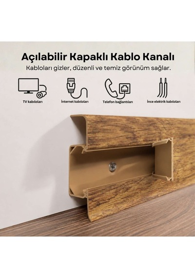 Esquero Kablo Kanallı PVC Süpürgelik 250 cm, Açılabilir Kapaklı, Sarıçam, ESQ609