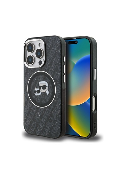 Apple Uyumlu iPhone  16 Pro Max Kılıf Karl Lagerfeld Lisanslı Parlayan Simli Karl & Choupette Heads Kapak Siyah