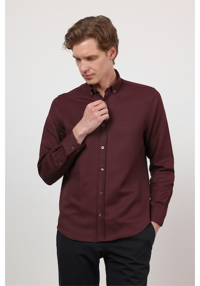 İmza Bordo Düğmeli Yaka Uzun Kol Cepsiz Slim Fit Pamuklu Gömlek 1004260203