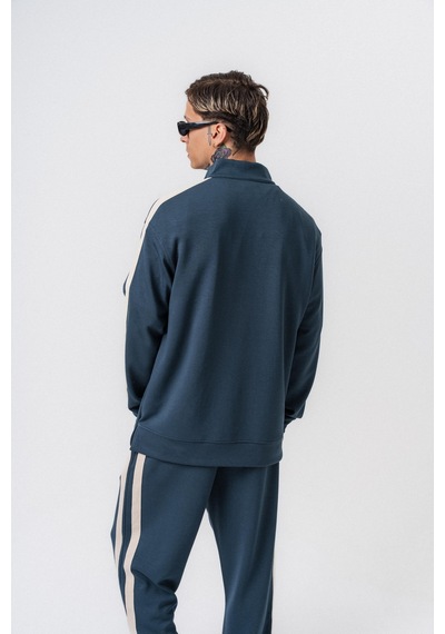 Respire Erkek Şerit Detaylı Yarım Fermuarlı Modal Sweatshirt Petrol