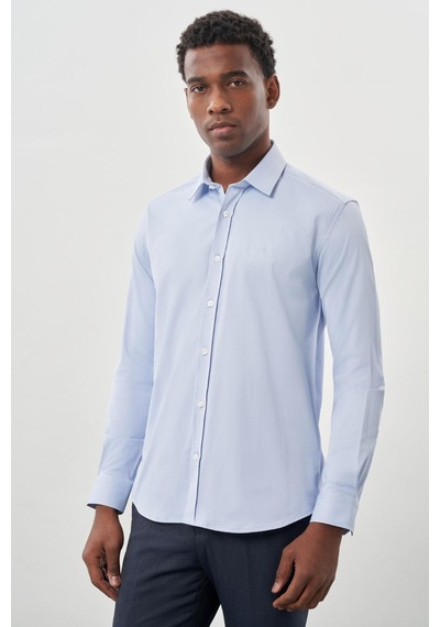 İmza Mavi Uzun Kollu Sert Yaka Cepsiz Pamuklu Likralı Klasik Slim Fit Dar Kesim Gömlek 1004245234 Mavi