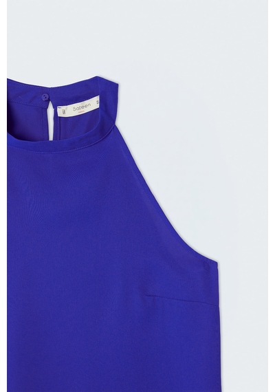 Sateen Halter Yaka Bluz -137731 Saks Mavi