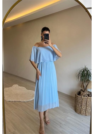 Neşeli Butik Kadın Omzu Açık Piliseli Midi Şifon Elbise Nm006 Bebe Mavisi