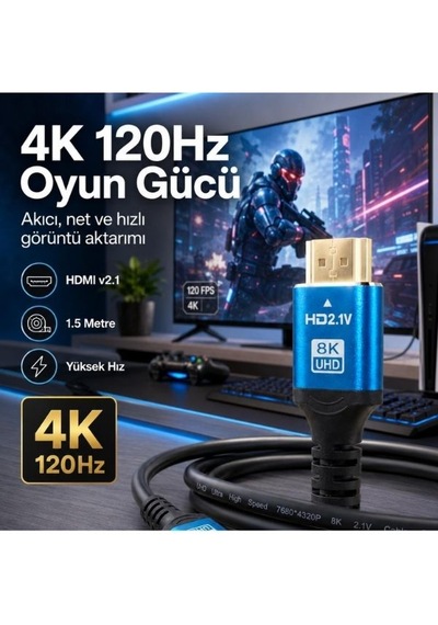8k Ultra Hd 2.1v 48gbps Hdmi Kablo 1.5 Metre Altın Kaplama