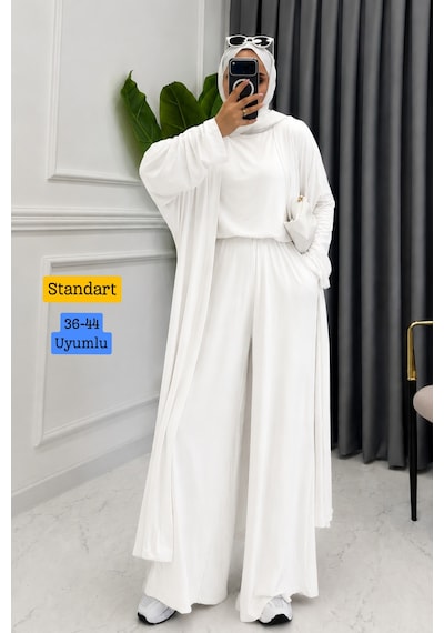 Balenbi Kadın Viskon Penye Uzun Hırka Bluz Geniş Paça Pantolon Abaya Takım 3791 Beyaz