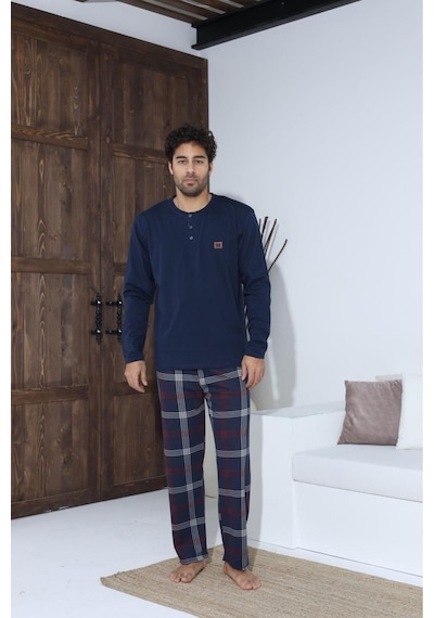 Lukitus Sıfır Yaka Düğmeli Pamuklu Erkek Pijama Takımı Byrz70015-l Lacivert
