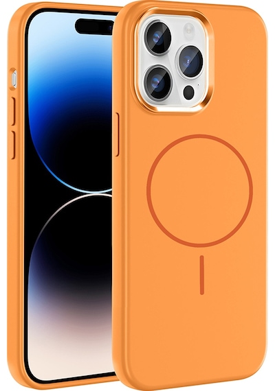 Apple Uyumlu iPhone 14 Pro Max Kılıf M-safe Şarj Özellikli Metal Kamera Çerçeveli Mkst Edi Silikon Kapak - Turunc Turuncu