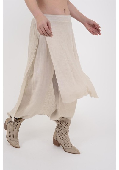 Bohem Stil İtalyan Ham Keten Pantolon Etek-8747 Bej
