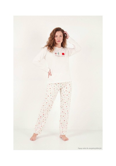 Lela Desenli Yumuşak Dokulu Uzun Kollu Pijama Takımı Kadın Pijama Takımı 6575016 Krem