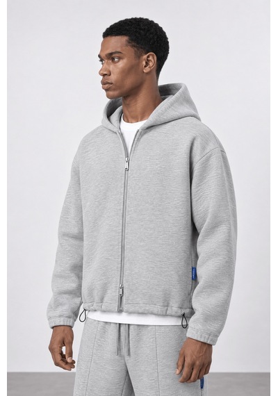 Respire Erkek Lastik Detaylı Panda Oversize Zip Gri Melanj