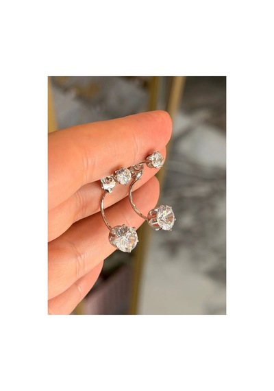 Tek Taş Model Silver Detaylı Tasarım Küpe Gümüş