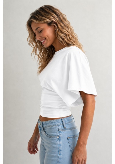 Overmax Bele Oturan Oversize Kollu Premium Crop Bluz Beyaz - 880759104 Beyaz