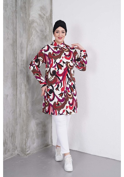 Polologin Butik Karışık Desenli Beyaz Gömlek Tunik Beyaz & Kırmızı & Kahverengi