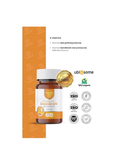 Koenzim Q10 Ve Vitamin K2 Kombinasyonu - 100 Mg Coq10 + 100 Mcg Mk-7 Menakinon, Bitkisel Vegan Kapsül, Helal Sertifikal
