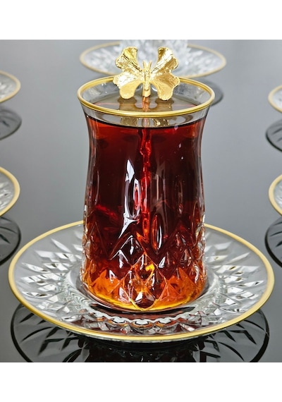 Atabey Home Collection 18 Parça Odin Çay Seti Kelebek Çay Kaşikli Cam Tabakli Gold Detayli Çok Renkli
