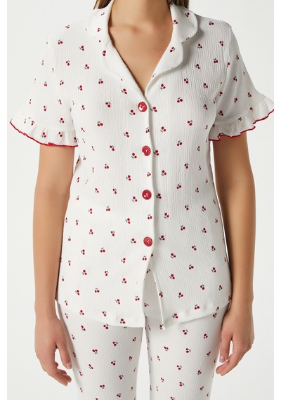 Ritnice Kadın Enda Fırfırlı Kiraz Desen Alt Üst Pijama Takımı Ekrukrımızı